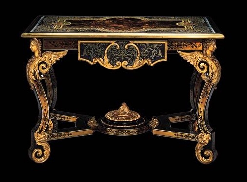 A Louis XIV Ormolu-Mounted Ebony Marquetry Center Table